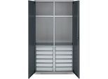 Schäfer Shop Genius Materialschrank FS, 5 OH, abschließbar, 4 Fachböden/12 Schübe, bis 450 kg, B 1055 x T 520 x H 1950 mm, Stahl, weißalu/anthrazitgrau