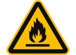 moedel Hinweisschild „Warnung vor feuergefährlichen Stoffen“, EN ISO 7010, bis 3 m, selbstleuchtend, selbstklebend, B 100 mm, Folie, gelb-schwarz
