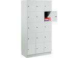 Wertfachschrank 300 mm, 3 Abteile, 15 Fächer, Sicherheitszylinderschloss, Sockel, lichtgrau