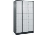 C+P Schließfachschrank Resisto, 3 Abteile, 15 Fächer, B 1148 x T 640 x H 1950 mm, Anthrazitgrau/Lichtgrau