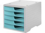 Schubladenbox styro® styroswing, 5 Schübe, Auszugsperre & Griffmulde, stapelbar, B 270 x T 340 x H 255 mm, Polystyrol, grau-aqua