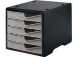 Schubladenbox styro® styroswing, 5 Schübe, Auszugsperre & Griffmulde, stapelbar, B 270 x T 340 x H 255 mm, Polystyrol, schwarz-taupe