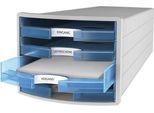 Schubladenbox HAN Impuls 2.0, 4 Schubladen, Format A4, stapelbar, offen, grau/transparent-blau