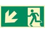 moedel Fluchtwegschild „Notausgang links abwärts“, nach ISO 7010 E001, Kunststoff selbstklebend, langnachleuchtend, B 400 x H 200 mm