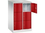 C+P Schließfachschrank Resisto, 2 Abteile, 6 Fächer, B 772 x T 640 x H 1255 mm, Lichtgrau/Rubinrot
