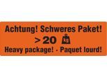 Warnetiketten „Achtung! Schweres Paket >20 KG“, 3-sprachig, 148 x 48 mm, perforiert, Haftpapier, leuchtrot mit schwarzem Aufdruck, 1 Rolle mit 500 Stück