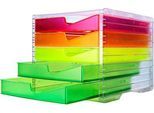 Schubladenbox styro® styroswing NEONline, 5 Schübe, Auszugsperre & Griffmulde, stapelbar, B 270 x T 340 x H 255 mm, Polystyrol, transparent-multicolor