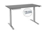 Schreibtisch, elektrisch höhenverstellbar, T-Fuß, B 1600 x T 800 x H 645-1290 mm, graphit/weißaluminium + Kabelkanal, Zubehörschublade