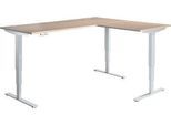Winkelschreibtisch AERO FLEX, elektrisch höhenverstellbar, 90° Winkel, T-Fuß, B 2000 x T 2400 mm, Eiche/weißalu + Memorypanel