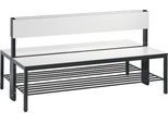 Sitzbank Basic Plus, 2-seitig, mit Rückenlehne & Schuhrost, 4-Fußgestell schwarzgrau RAL 7021, B 1500 mm, Dekor weiß