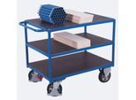 Schwerlast-Tischwagen, Stahl/Siebdruckplatte, Enzianblau/Dunkelbraun, 3 Etagen, L 1995 x B 800 mm, Vollgummi-Rollen mit EasySTOP, bis 1000 kg