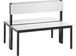 Sitzbank Basic Plus, 2-seitig, Rückenlehne, ohne Schuhrost, 4-Fußgestell schwarzgrau RAL 7021, B 1000 mm, Dekor weiß