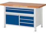 Werkbank Serie 8922, 5 Schubladen, 2 Fachböden mit Tür, höhenverstellbar, B 1500 x T 700 x H