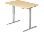 Schreibtisch ULM, elektrisch höhenverstellbar, Rechteck, T-Fuß, B 1200 x T 800 x H 720-1190 mm, Ahorn/alusilber + Kabelwanne