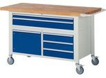 Werkbank Serie 8922, fahrbar, 5 Schubladen, 2 Fachböden mit Tür, B 1500 x T 700 x H 880 mm