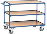 Tischwagen, leicht, 3 Etagen, L 850 x B 500 mm, bis 300 kg, Stahl/Holz, blau/buche