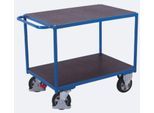 Schwerlast-Tischwagen, Stahl/Siebdruckplatte, Enzianblau/Dunkelbraun, 2 Etagen, L 1595 x B 800 mm, Vollgummi-Rollen mit EasySTOP, bis 1000 kg