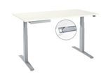 Schreibtisch, elektrisch höhenverstellbar, T-Fuß, B 1600 x T 800 x H 645-1290 mm, weiß/weißaluminium + Kabelkanal, Zubehörschublade