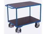 Schwerlast-Tischwagen, Stahl/Siebdruckplatte, Enzianblau/Dunkelbraun, 2 Etagen, L 995 x B 700 mm, Vollgummi-Rollen mit EasySTOP, bis 1000 kg