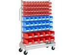 Sichtrollwagen f. Sichtlagerkästen, einseitig, B 1130 x T 510 x H 1705 mm, 40 x 0,7 l rot, 21 x 3 l blau, 10 x 7,5 l rot