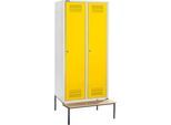 Schäfer Shop Genius Kleiderspind mit Sitzbank, 2 Abteile, 300 mm Abteilbreite, Zylinderschloss, lichtgrau/gelb