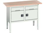 Kastenwerkbank Bott verso, Multiplex-Platte, 2 Schubladen und 2 Türen, B 1500 x T 600 x H 830 - 930 mm, RAL 7035 Lichtgrau