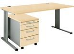 Schäfer Shop Pure 2-tlg. Büromöbel-Set PLANOVA BASIC, Schreibtisch, B 1600 mm, Ahorn/weißalu, mit Kabelkanal + Rollcontainer 1233