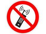 moedel Verbotszeichen „Eingeschaltete Mobiltelefone verboten“, nach ISO 7010 P013, Folie selbstklebend, Ø 200 mm