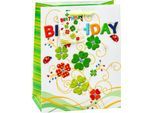 Geschenktüte TSI Happy Birthday Ballons, Format A5, mit Tragekordel und Beschriftungskärtchen, B 180 x T 100 x H 230 mm, PP-Folie, bunt-weiß, 3 Stück