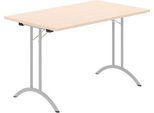 Schäfer Shop Select Klapptisch, Rechteck, Doppel-T-Fußgestell, Spezial-Klappbeschlag & Bodenausgleich, B 1200 x T 700 x H 720 mm, Ahorn-Dekor/alusilber