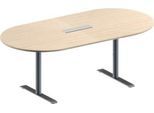 Schäfer Shop Genius Konferenztisch MODENA FLEX, 6-fach Anschluss, Oval, T-Fuß Rundrohr, B 2000 x T 1000 x H 650-850 mm, Ahorn/weißalu