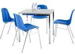 Sparset Stapelstuhl BETA, Bezug blau, Sitzmaße B 400 x T 420 x H 460 mm, 4 Stück + Konferenztisch, B 800 x T 800 mm, lichtgrau