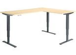Winkelschreibtisch AERO FLEX, elektrisch höhenverstellbar, 90° Winkel, T-Fuß, B 2000 x T 1600 mm, Ahorn/anthrazit + Memorypanel