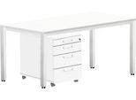Komplettset BEXXSTAR, Schreibtisch 1600 mm breit und Rollcontainer, Quadratrohrfuß, weiß