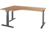 Schäfer Shop Select Winkelschreibtisch ERGO-T 2.0, 90° Winkel, Ansatz links, T-Fuß, B 2000 x T 1200/800 x H 675-895 mm, Ahorn/anthrazit