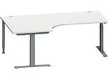 Schäfer Shop Genius Winkelschreibtisch MODENA FLEX, 90° Winkel links, T-Fuß Rechteckrohr, B 2000 x T 1200/800 x H 650-850 mm, lichtgrau/anthrazit
