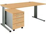 Schäfer Shop Pure 2-tlg. Büromöbel-Set PLANOVA BASIC, Schreibtisch, B 1600 mm, Buche/weißalu, mit Kabelkanal + Rollcontainer 1233