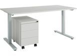 Schäfer Shop Select Schreibtisch m. Rollcontainer, T-Fuß, Stahl, lichtgrau, Holzplatte B 1600 x T 800 x H 735 mm, 3 Schübe