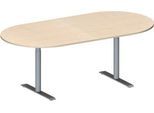 Schäfer Shop Genius Konferenztisch MODENA FLEX, Oval, T-Fuß Rundrohr, B 2000 x T 1000 x H 650-850 mm, Ahorn/weißaluminium RAL 9006
