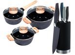 Topf-Set KING "»ESSENTIAL« Aluminiumguss, Induktion, Antihaftbeschichtung", schwarz, 7,5 l, Töpfe, inkl. 5 Küchenmesser, 1 Messerblock