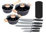 Topf-Set KING "»ESSENTIAL« Aluminiumguss, Induktion, Antihaftbeschichtung", schwarz, 7,5 l, Töpfe, inkl. 5 Küchenmesser, 1 Messerblock