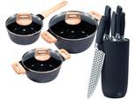 Topf-Set KING "»ESSENTIAL« Aluminiumguss, Induktion, Antihaftbeschichtung", schwarz, 7,5 l, Töpfe, inkl. 5 Küchenmesser, 1 Messerblock