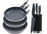Pfannen-Set KING "»Moonscape 3er«, inkl. Messer-Set", grau, Pfannen, Induktion, abnehmbarer Griff, MOONSCAPE-Beschichtung