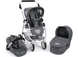 Kombi-Puppenwagen CHIC2000 "Emotion All In 3in1, Jeans Grey", grau (jeans grau), Puppenwagen, KinderB:67cm H:77cm T:67cm, Kunststoff, Metall, Stoff, inkl. Babywanne, Babyschale und Sportwagenaufsatz, B:67cm H:77cm T:67cm