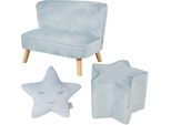 Kindersitzgruppe ROBA "Lil Sofa", blau (hellblau, sky), Sitzmöbel-Sets, Kinder, Samt, bestehend aus Kindersofa, Kinderhocker und Dekokissen in Sternform