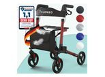 ELONEO Rollator faltbar und leicht mit Sitz, Leichtgewicht-Reiserollator aus Aluminium, Gehhilfe 8-fach höhenverstellbar, Laufhilfe 3-fach faltbar für Kofferraum, Tasche & Schirmhalter Rot