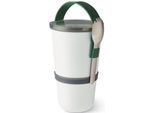 Lunchbox BLACK+BLUM, grün (olive), B:12cm H:20cm, Lebensmittelaufbewahrungsbehälter, Lunchbox, 2-in-1, mit Tragegurt und Göffel (Gabel-Löffel-Kombination), 900 ml