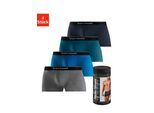 Boxer BRUNO BANANI "Boxershorts für Herren", Herren, Gr. L (6), 4 Stk., bunt (blaupetrol, navy, royalblau, grau meliert), Jersey, Obermaterial: 95% Baumwolle, 5% Elasthan, unifarben, körpernah, Unterhosen, in der Dose verpackt