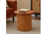 Beistelltisch MCW-P15, Sofa-/Couchtisch Loungetisch Wohnzimmertisch Pflanzentisch Tisch, Mahagoniholz Rattan rund Ø44cm