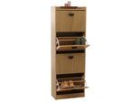 Schuhschrank MCW-O39, Schuhkipper Schuhregal 4 Klappen Klappfächer MDF Melamin Metall 147x50x24cm ~ natur